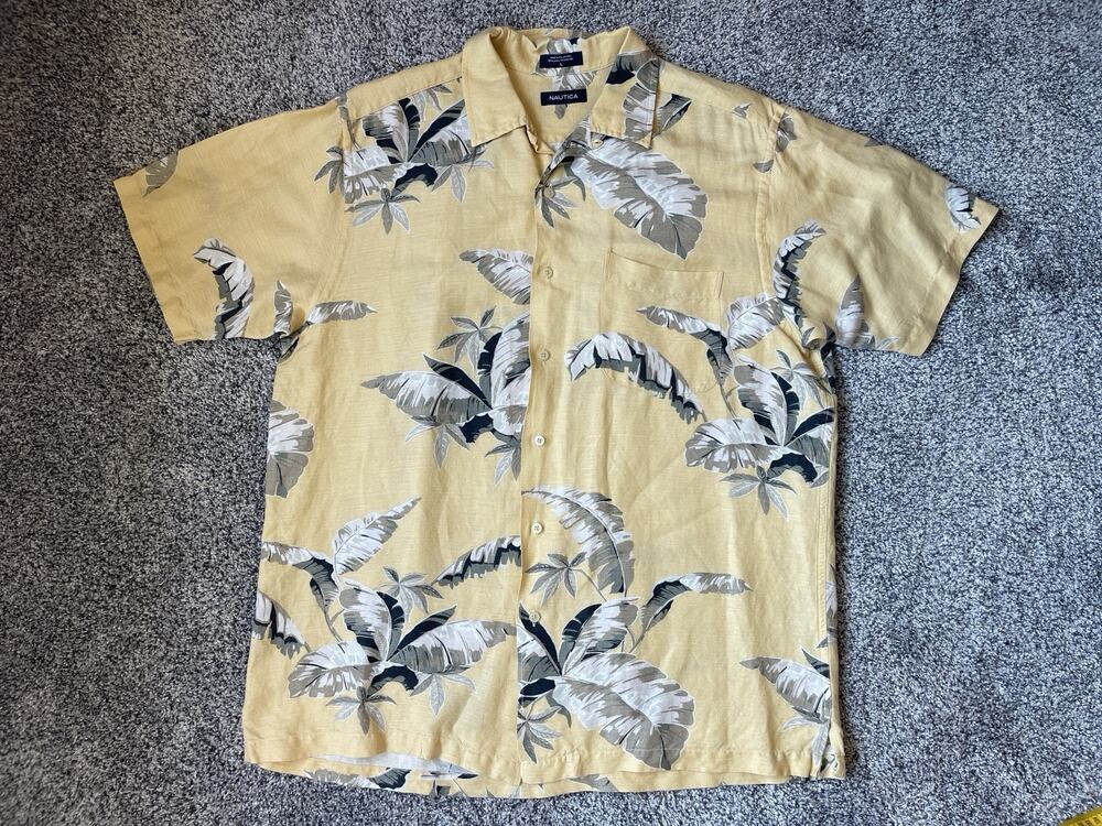 Nautica Men's Sz Large Hawaiian Short Sleeve Shirt Linen Rayon Blend